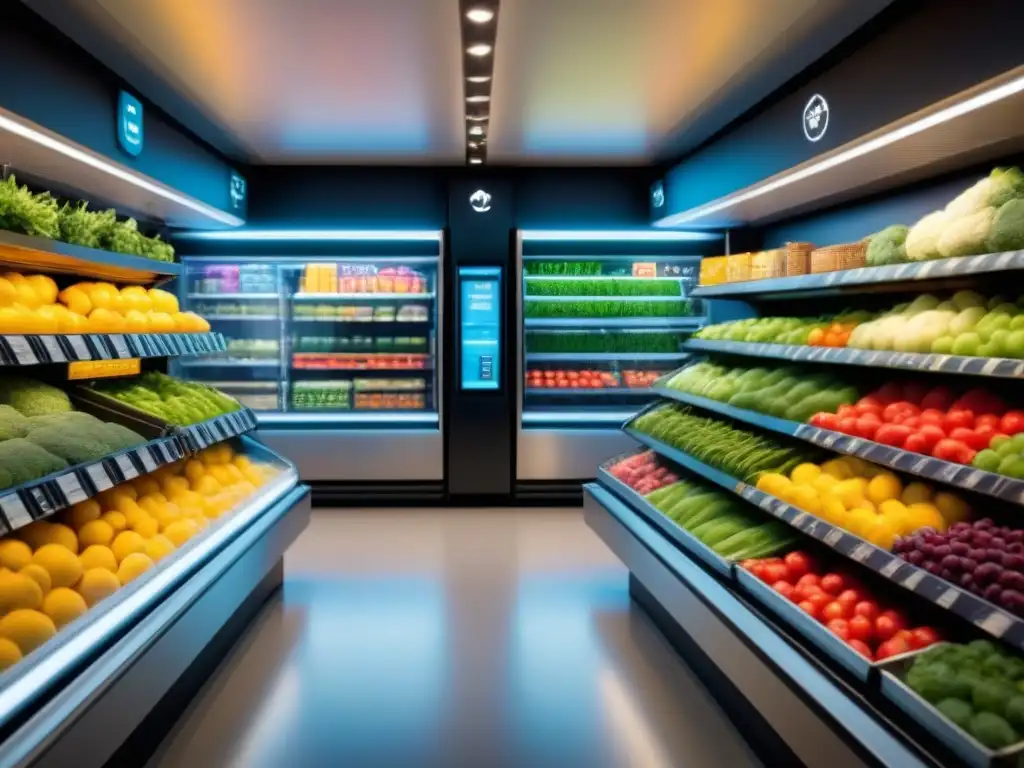 Refrigeración ecofriendly para alimentos frescos en supermercado Refrigeración ecoamigable para alimentos frescos en un supermercado moderno, preservando la frescura de frutas y verduras con tecnología innovadora