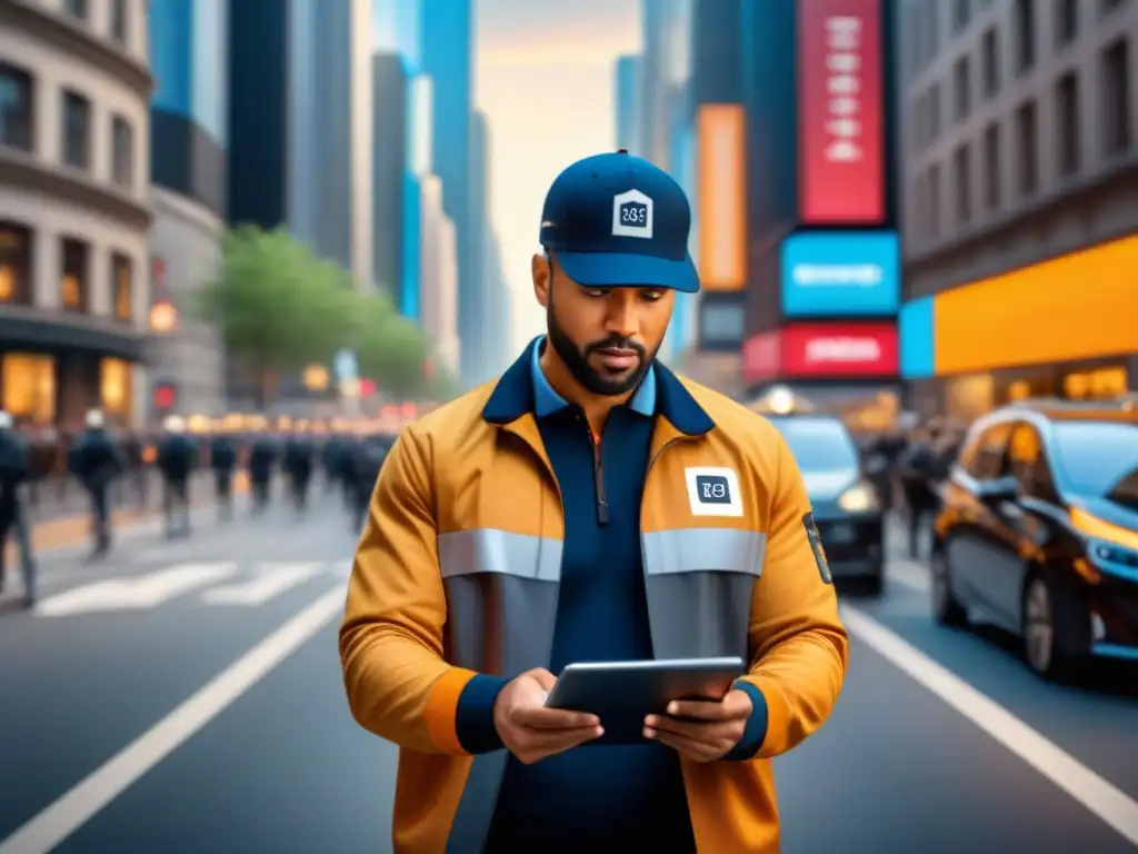 Conductor de entrega en ciudad con app AI: desafíos y innovación Un repartidor usando una app avanzada en una ciudad bulliciosa