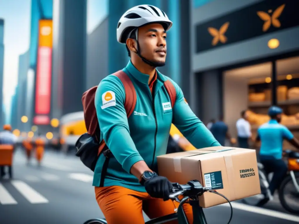 Un repartidor en bicicleta de una franquicia logística escalable innovadora, entregando paquetes en una bulliciosa calle de la ciudad
