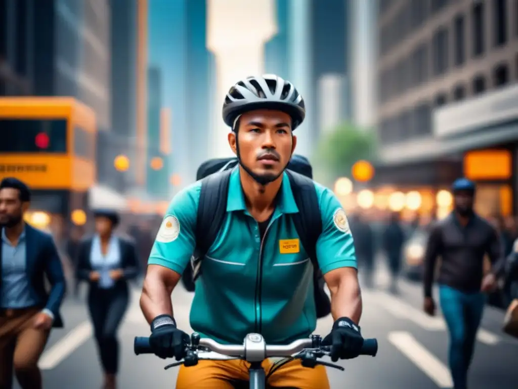 Entrega urbana: Desafíos y determinación en la jungla de concreto Un repartidor en bicicleta navega entre multitudes en la ciudad, reflejando soluciones tecnológicas para última milla