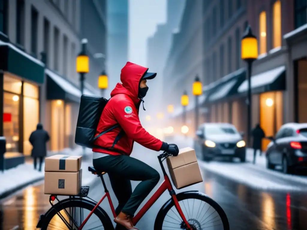 Valentía en la nieve: repartidor en bicicleta sorteando la tormenta Un repartidor en bicicleta entrega paquetes bajo la nieve en la ciudad