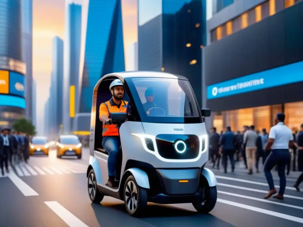 Entrega futurista en ciudad llena de innovación tecnológica Un repartidor en vehículo eléctrico de alta tecnología entre peatones y ciclistas, con innovaciones en logística de última milla