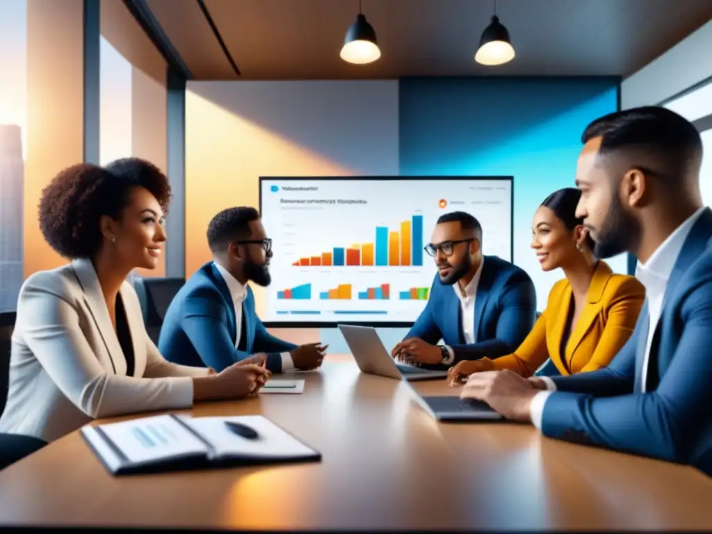Equipo diverso de analistas de datos y profesionales de ecommerce en discusión colaborativa Una reunión de expertos en análisis predictivo en ecommerce, colaborando en una sala llena de datos y gráficos