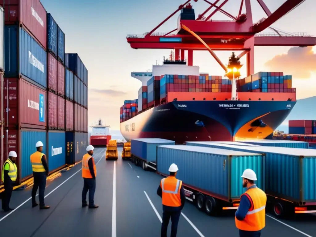 Centro Logístico Global: Coordinación y Transparencia Gestión de riesgos en logística: un puerto bullicioso con trabajadores descargando carga de un barco, supervisados por profesionales diversos
