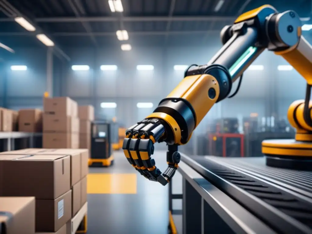 Robótica avanzada revoluciona logística con precisión Un robot con sistemas de visión robótica eficientes organiza materiales en almacén futurista
