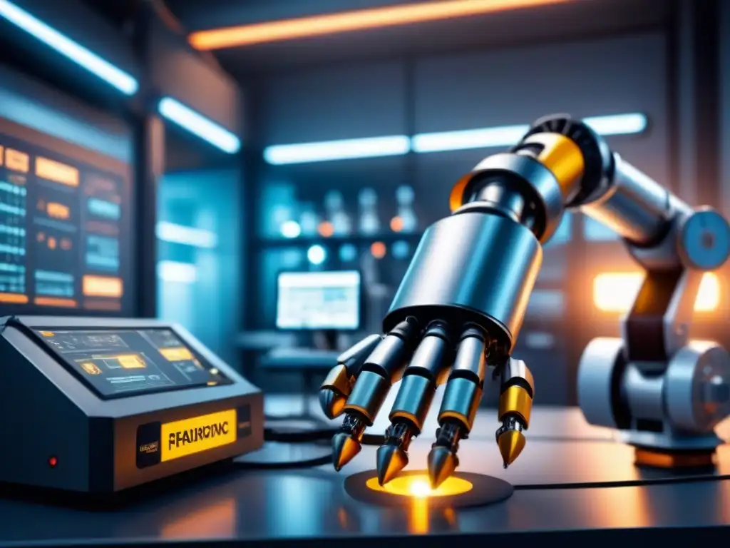 Robot manipulando material peligroso en laboratorio futurista Robótica avanzada garantiza seguridad al manipular materiales peligrosos en laboratorio futurista