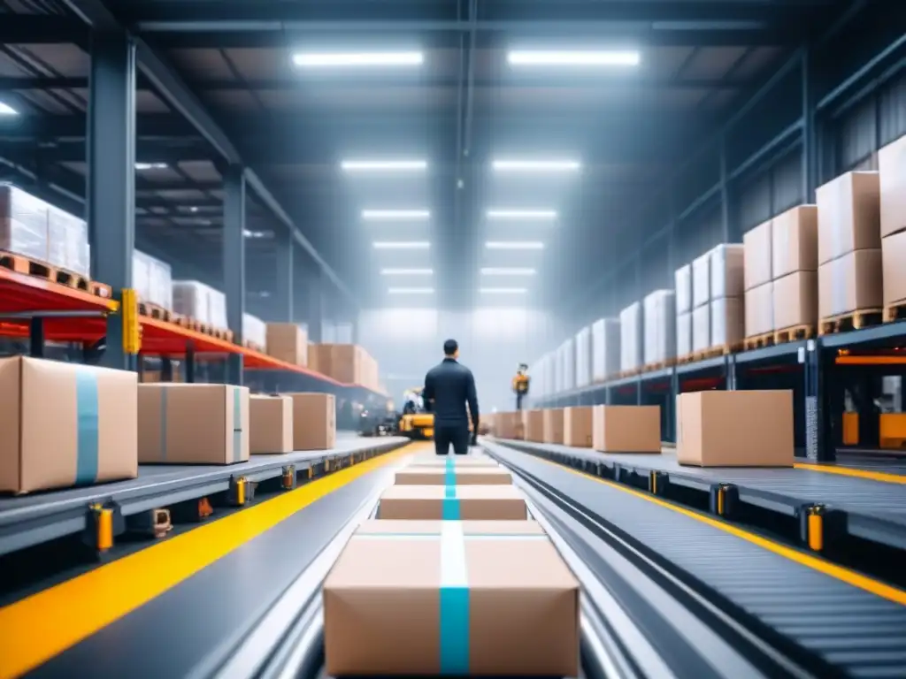 Robótica en logística multimodal eficiente: almacén automatizado con robots moviendo paquetes en cintas transportadoras