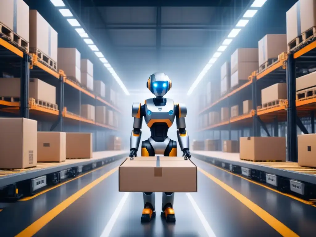 Robótica en logística multimodal eficiente: Robots moviendo cajas en almacén moderno con precisión y velocidad
