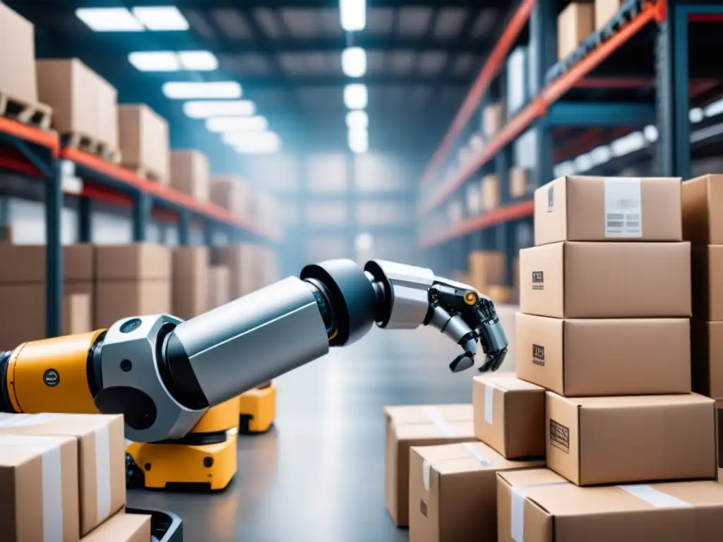 Robótica eficiente: Brazo clasificador de paquetes Robótico brazo ordena paquetes en almacén con eficiencia y precisión, destacando la gestión eficiente paquetes inteligencia artificial
