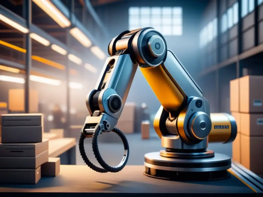 Robótica logística: brazo mecánico en almacén futurista Robots de logística resistente en acción, levantando materiales industriales con precisión y eficiencia en un almacén futurista