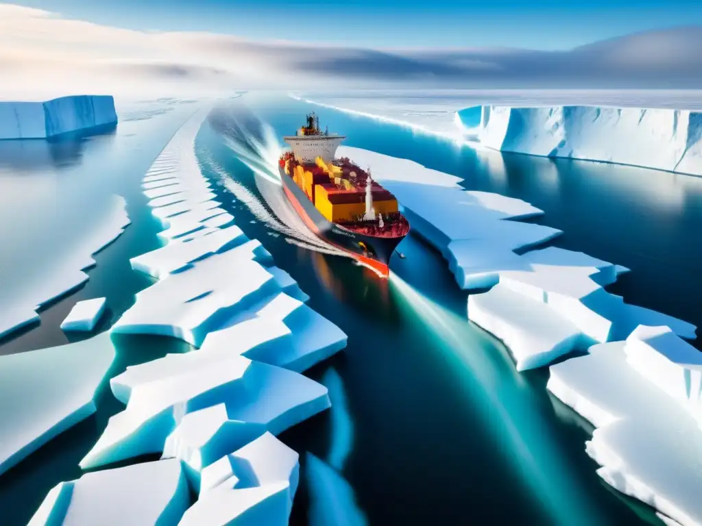 Rompiendo el hielo: Majestuoso rompehielos en el Ártico Un rompehielos surcando aguas árticas rodeado de icebergs, reflejando el desafío de la logística en el Ártico