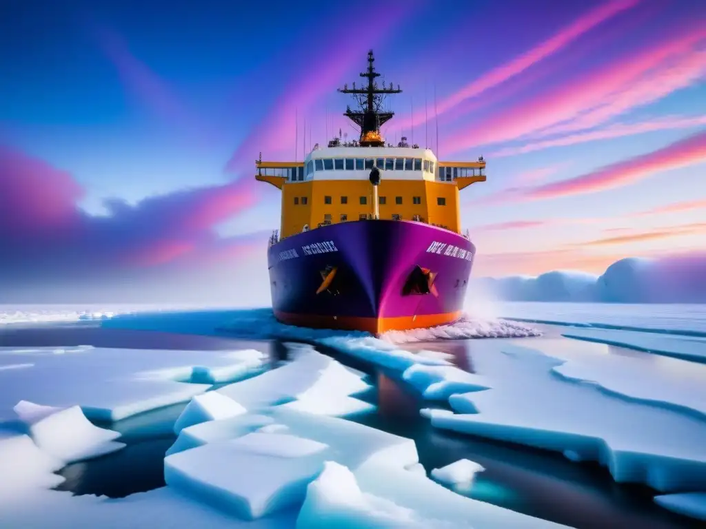 Rompiendo el hielo: Nave industrial en el Ártico Un rompehielos avanzando en el Ártico bajo un cielo colorido