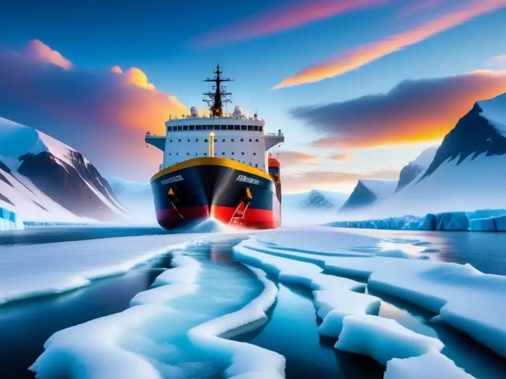 Rompiendo el hielo: Navegando con potencia en el Ártico Un rompehielos gigante abre su camino en el Ártico bajo el sol de medianoche, destacando la logística en el Ártico: desafíos y soluciones