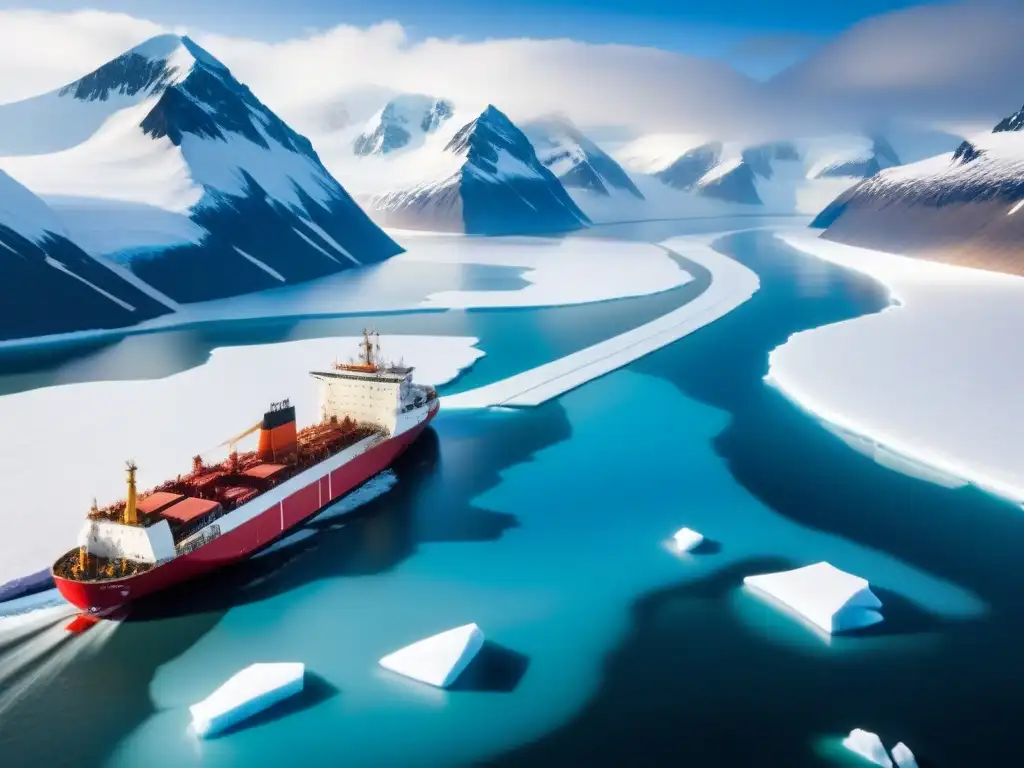 Rompiendo el hielo: Navegación en el Ártico Un rompehielos masivo surca el hielo ártico, destacando la belleza y desafíos de las rutas de transporte en el Ártico