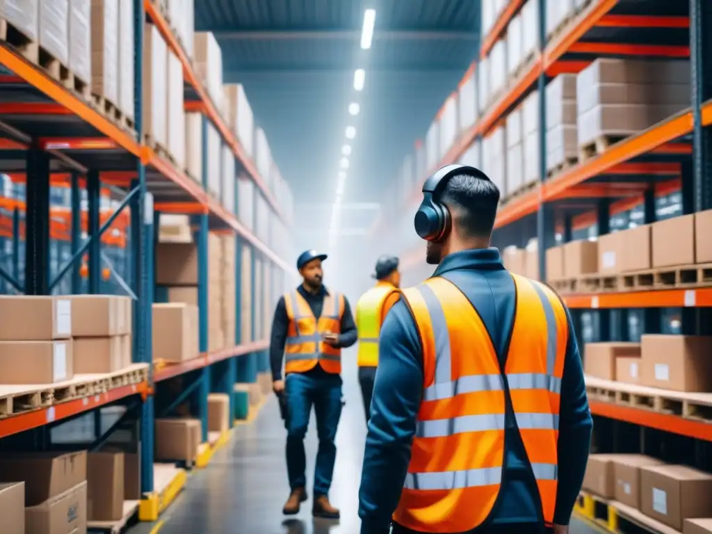 Reduciendo ruido en logística: Trabajadores organizan productos en almacén bullicioso