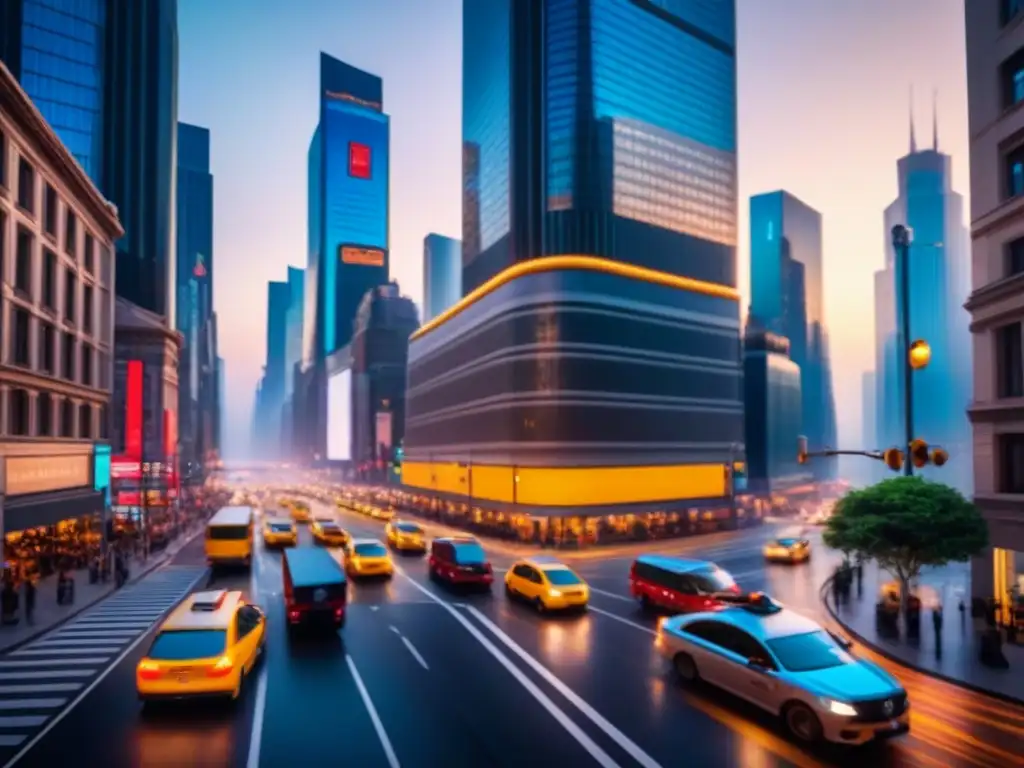 Flota de camiones de reparto en acción: eficiencia urbana Optimización de rutas en tiempo real: flota de camiones de reparto en una bulliciosa intersección urbana durante la hora punta