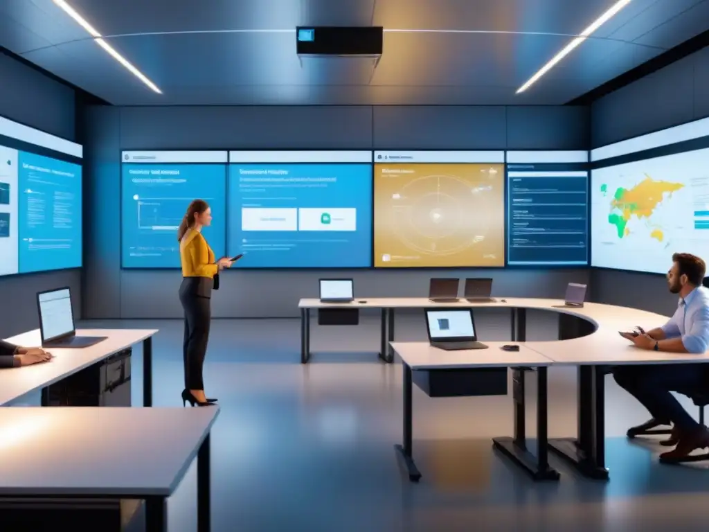 Clase logística del futuro: simulaciones interactivas y tecnología avanzada Sala de logística del futuro con simulaciones interactivas en enseñanza de logística