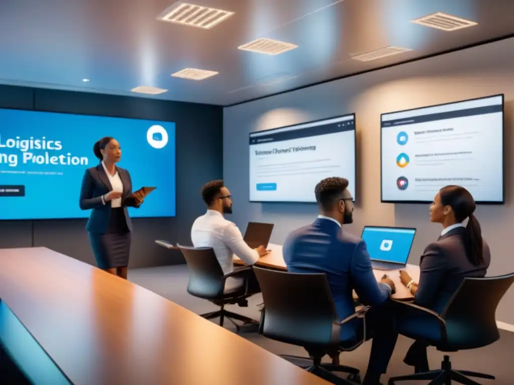 Capacitación de políticas de privacidad en empresa logística Una sala de reuniones moderna llena de empleados diversos en una sesión de formación sobre políticas de privacidad en empresas de logística