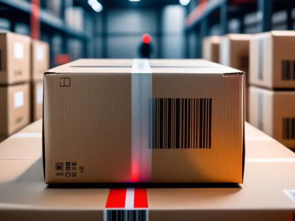 Escáner de códigos de barras en acción: trazabilidad en tiempo real Scanner de códigos de barras iluminando un producto en almacén