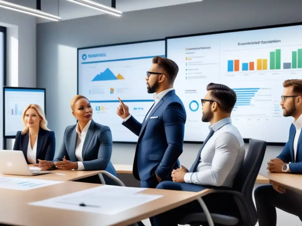 Profesionales de logística innovando juntos en sesión de brainstorming Una sesión de lluvia de ideas en una oficina moderna, muestra a profesionales de logística colaborando en estrategias