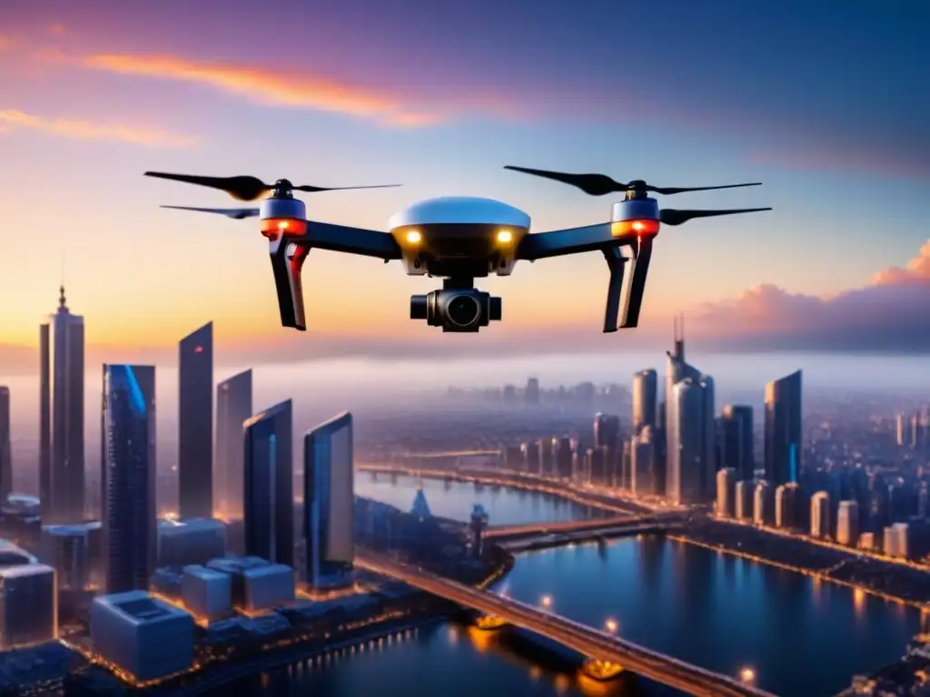 Entrega futurista: Drones con GPS revolucionan logística urbana Un sistema de entrega de drones futurista con seguimiento GPS en transporte logístico sobre una ciudad al atardecer