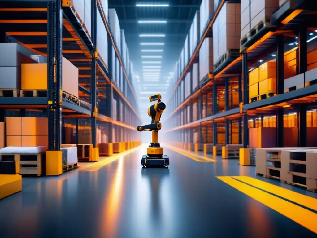 Eficiencia futurista: Automatización logística de vanguardia en acción Software automatización almacenes logística: Robótica y tecnología iluminan un almacén ultramoderno en plena acción