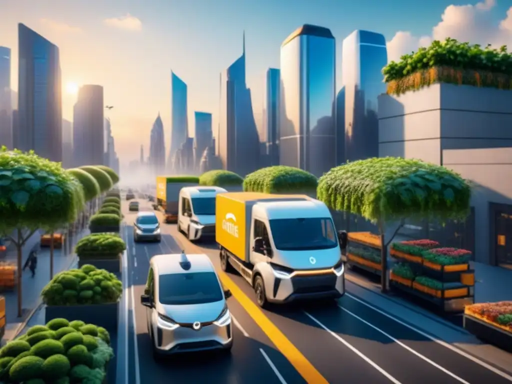 Logística sostenible: ciudad eco con drones y camiones eléctricos Software de gestión de flotas con huella reducida en una ciudad sostenible y futurista