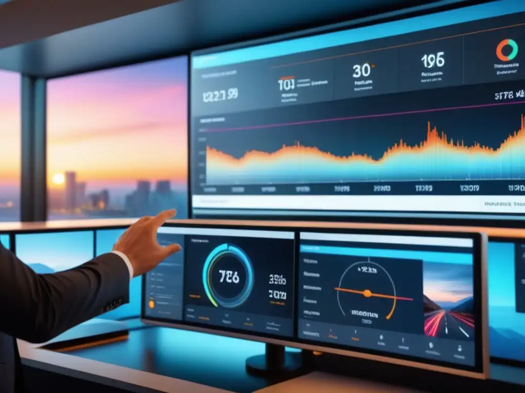 Dashboard de Gestión de Flota: Seguimiento en Tiempo Real Software de gestión de flotas en pantalla de alta resolución, mostrando seguimiento de vehículos en tiempo real y análisis de rendimiento, con equipo de colaboradores en oficina moderna