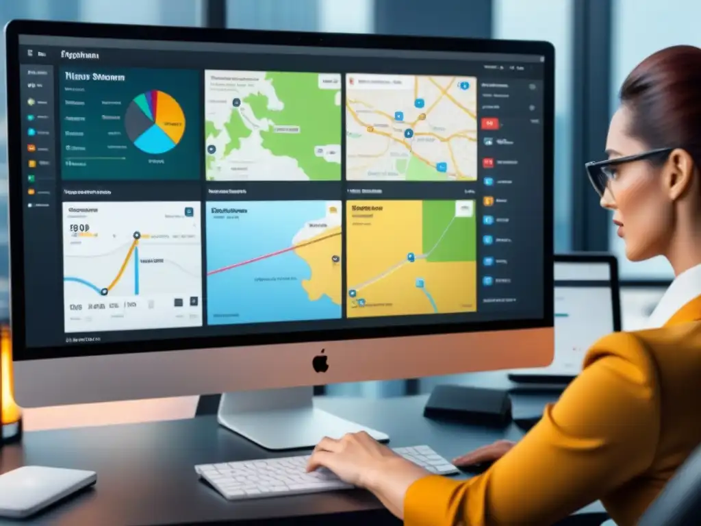 Dashboard personalizable de software de gestión de flotas Un software de gestión de flotas personalizado en acción, con un equipo diverso planeando estrategias