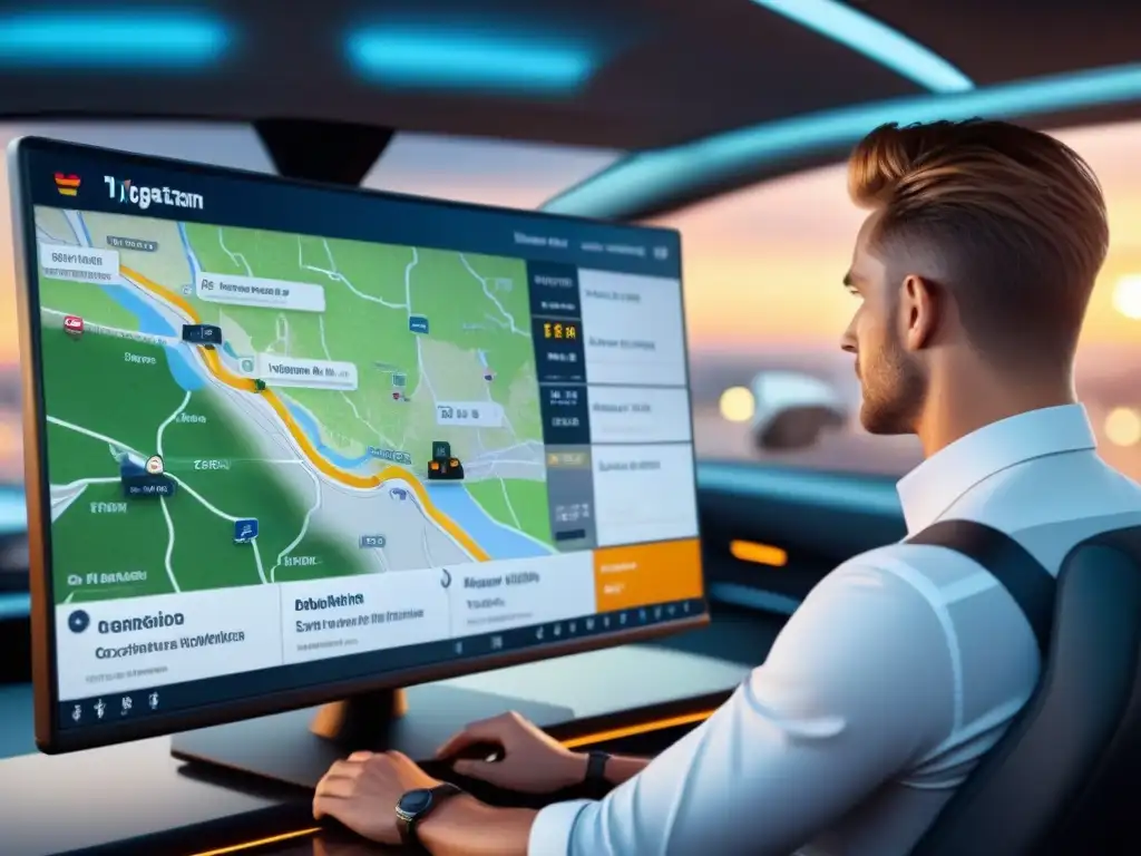 Gestión de flotas: seguimiento en tiempo real de vehículos Software de gestión de flotas de transporte eficiente en acción, mostrando seguimiento en tiempo real de vehículos en un mapa