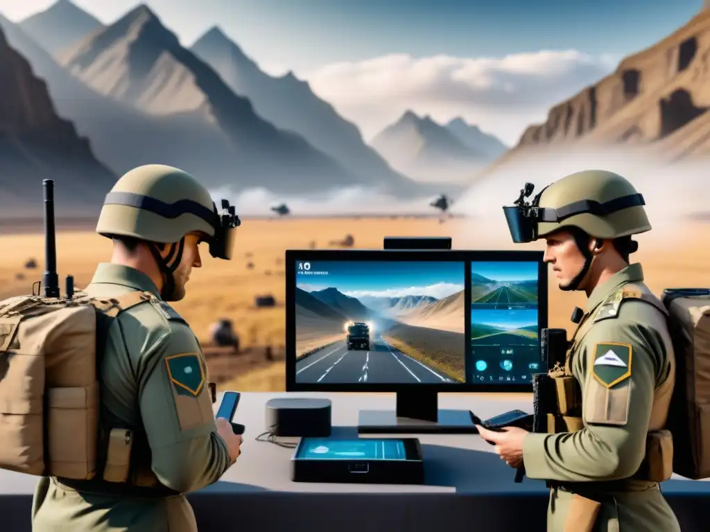 Operación logística militar con realidad aumentada Soldados utilizan dispositivos de realidad aumentada para coordinar operaciones logísticas en terreno accidentado