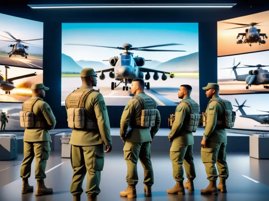 Operación logística militar con realidad aumentada Soldados usan Realidad aumentada en operaciones logísticas en base militar con helicópteros despegando y camiones cargando