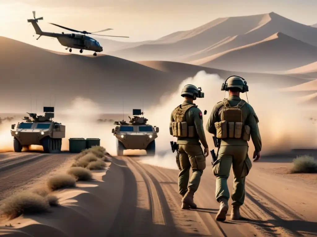 Operación militar de logística con realidad aumentada en desierto Soldados utilizan realidad aumentada en operaciones logísticas en un ambiente desértico, coordinando suministros y equipos con precisión