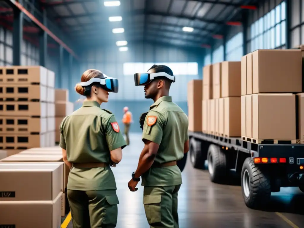 Soldados con AR en centro logístico militar Soldados usando realidad aumentada en operaciones logísticas en un centro de logística militar