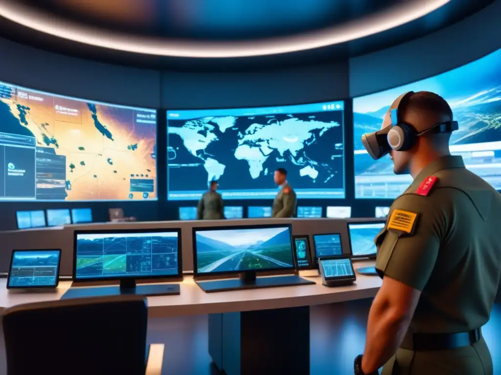 Sala de guerra futurista con soldados usando realidad aumentada Soldados usando realidad aumentada en operaciones logísticas en una sala de guerra futurista y estratégica