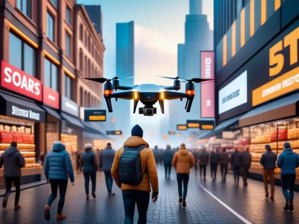 Integración innovadora: Compras en línea y tiendas físicas en armonía Soluciones innovadoras logística transporte eficiente: Integración perfecta entre comercio online y offline en una concurrida calle de la ciudad