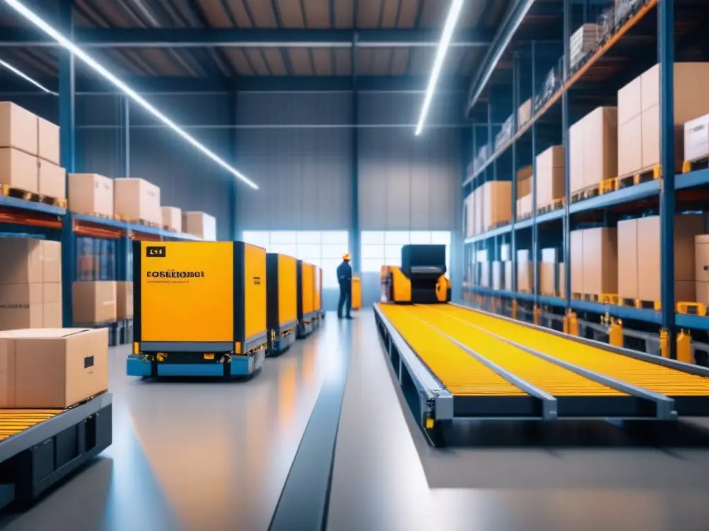 Almacén automatizado: tecnología en logística Soluciones innovadoras transporte logística: almacén automatizado con brazos robóticos moviendo cajas mientras trabajadores supervisan en pantallas