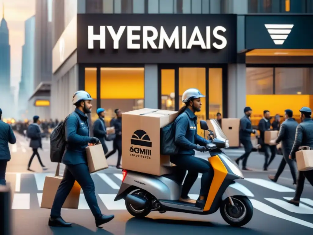 Logística de última milla en la ciudad: entrega rápida y eficiente Soluciones innovadoras en transporte: vehículos de reparto en una bulliciosa calle urbana, entregas eficientes en un entorno vibrante