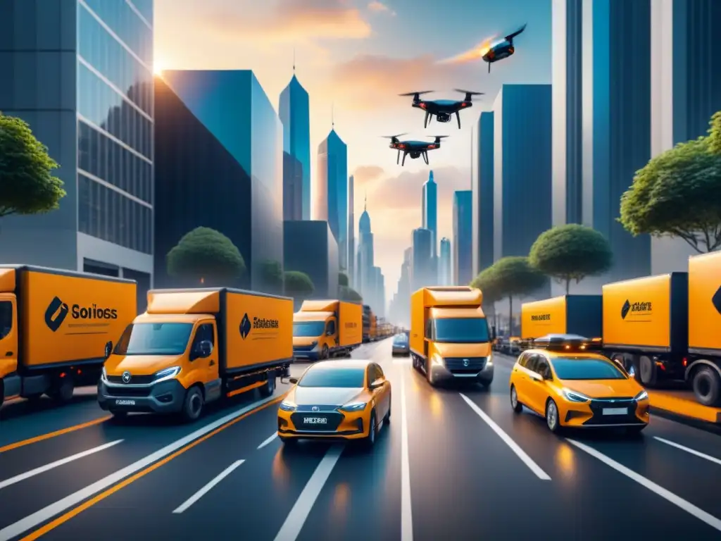 Logística urbana avanzada: drones y camiones entregando en perfecta armonía Soluciones de IA para logística: Calles urbanas animadas con drones y camiones de reparto trabajando juntos en un eficiente escenario tecnológico