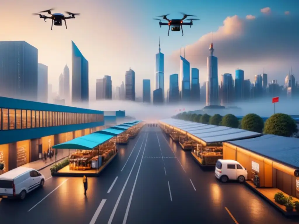 Transformación logística: drones y AI revolucionan mercado emergente Soluciones de IA para logística: Drones entregando paquetes en un mercado emergente, con tecnología de vanguardia optimizando rutas