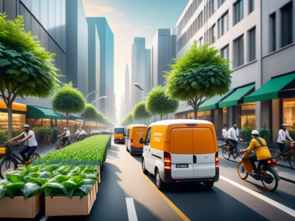 Logística sostenible en la ciudad: vans eléctricas, bicicletas y naturaleza Startups logística verde sostenible: Calles urbanas con reparto eco en bicis y furgonetas eléctricas, integrando naturaleza y paneles solares