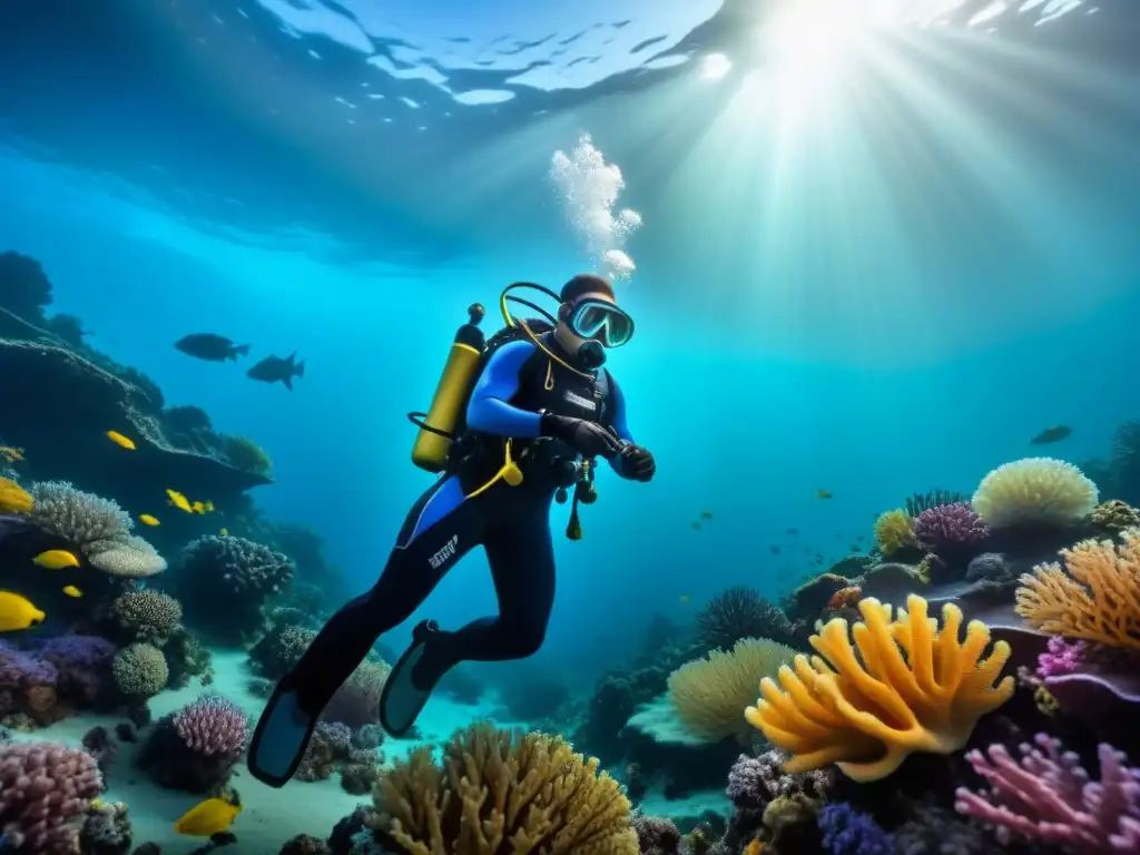Exploración submarina: equipo de buzos descubre arrecife coralino en 8k Exploración submarina en arrecife coralino: Soluciones logísticas expediciones submarinas