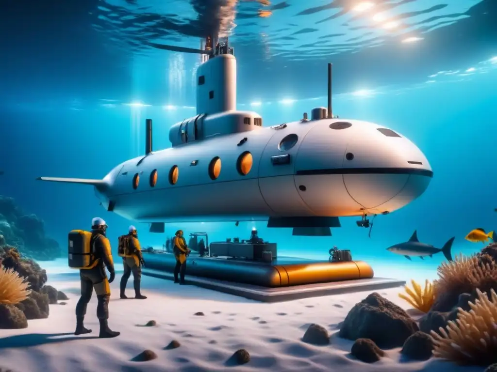 Submarino de alta tecnología atracando en estación submarina futurista Submarino de alta tecnología descargando suministros en estación submarina futurista