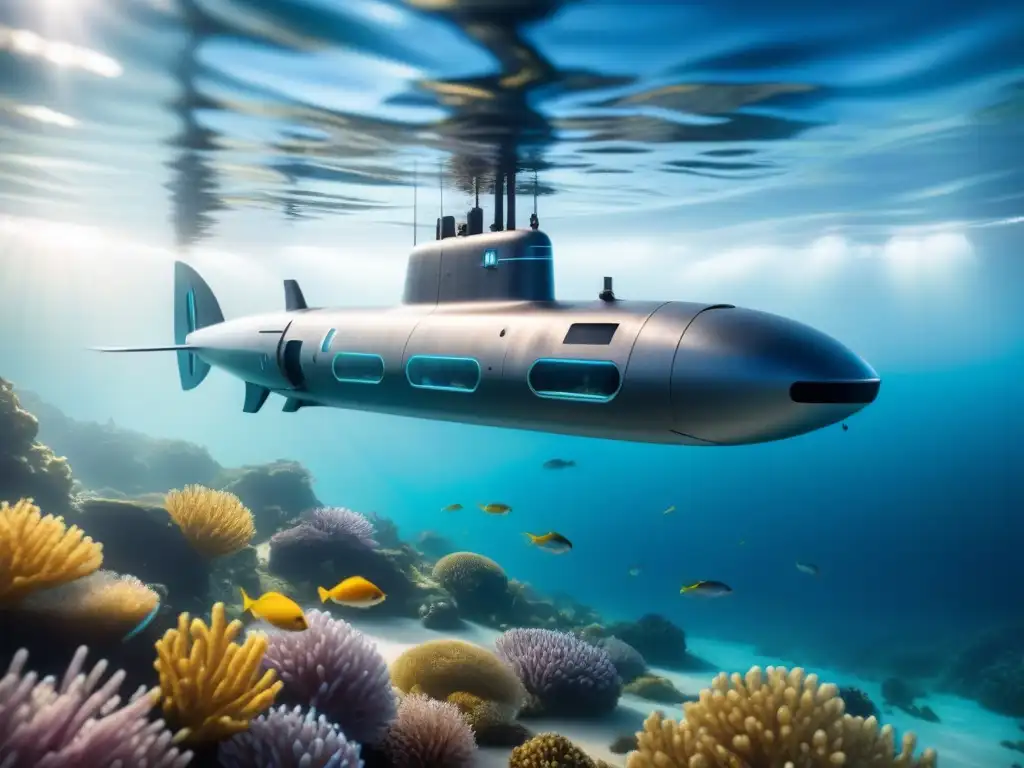 Submarino futurista en aguas cristalinas Submarino futurista surcando aguas cristalinas, rodeado de peces coloridos