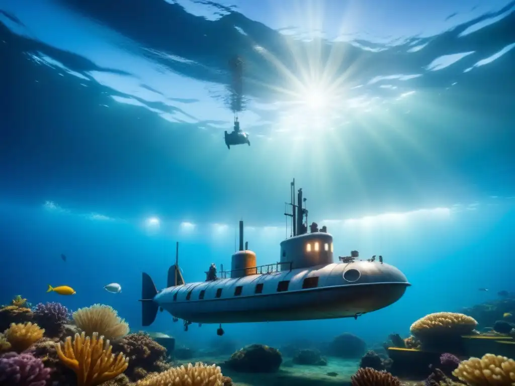 Submarino logístico innovador en armonía con la vida marina Un submarino logístico sostenible innovador rodeado de vida marina en el profundo océano azul