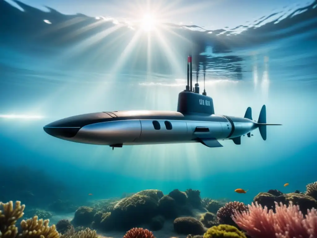 Submarino avanzado surca aguas cristalinas con elegancia Un submarino de vanguardia se desliza elegantemente en aguas cristalinas, mostrando su diseño innovador y eficiencia en el transporte submarino