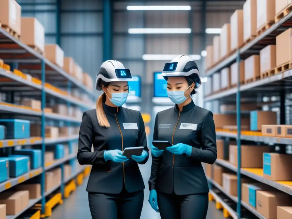 Almacén de alta tecnología: supervisión blockchain de logística Supervisores en almacén con cascos futuristas y tecnología Blockchain mejoran seguridad cadena suministro