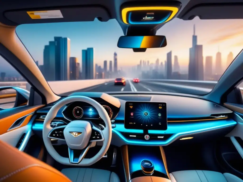 Tablero híbrido de alta tecnología: eficiencia y sostenibilidad Tablero moderno de auto híbrido con tecnologías de seguimiento para eficiencia, en ciudad futurista