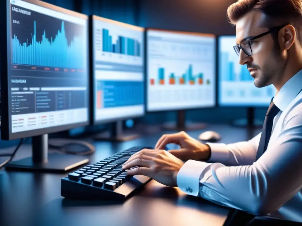 Experto en logística: análisis de datos en entorno seguro Un técnico concentrado en tratamiento de datos en logística, con gráficos complejos de análisis en pantalla