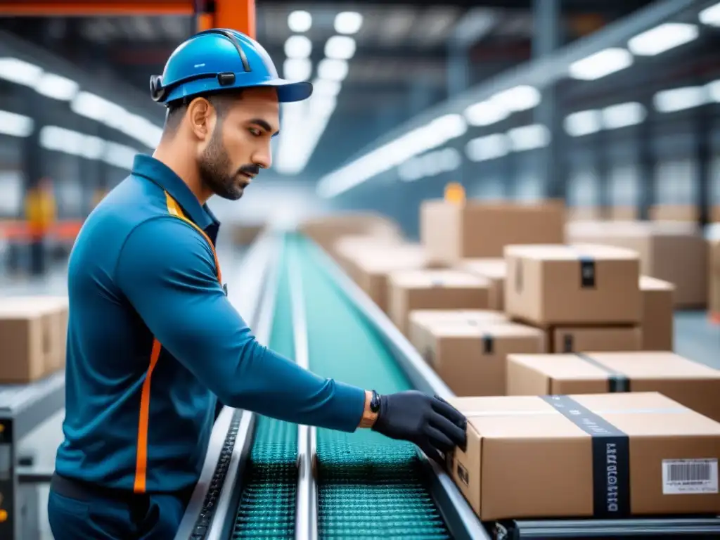 Un técnico instala un sensor avanzado en una cinta transportadora en almacén bullicioso, integrando tecnología en logística